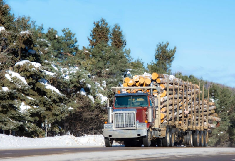 Logging truck driving down the highway